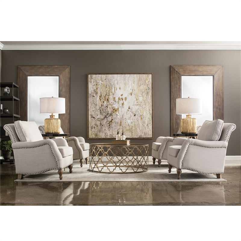 Uttermost Armstead Transitional Wood and Fabric Armchair in White/Brass