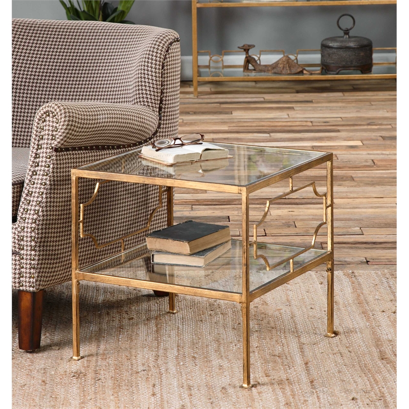 Uttermost Genell Contemporary Metal and Glass Cube Table in Gold/Clear