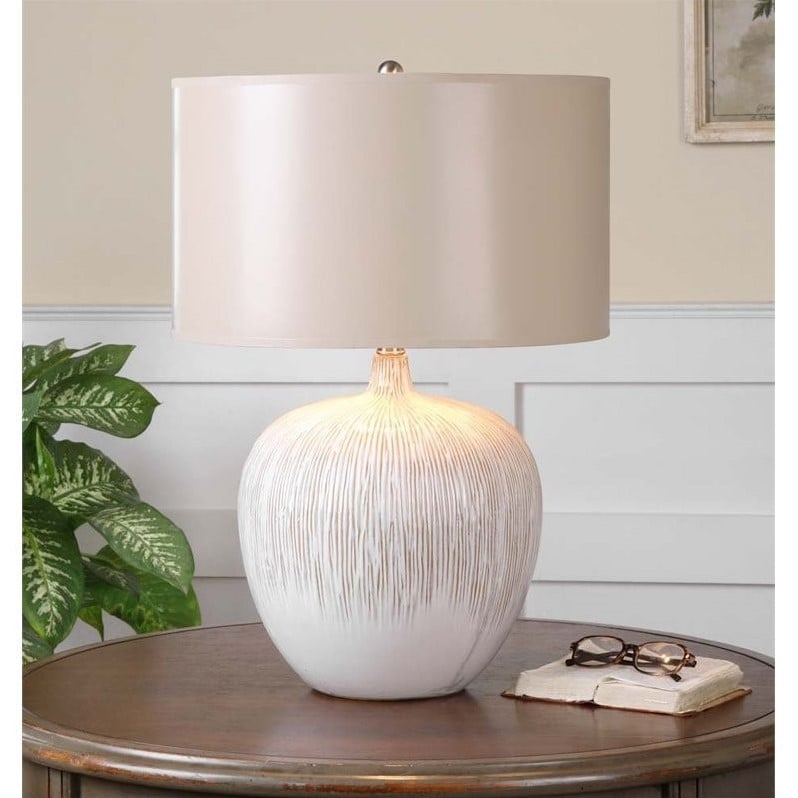Uttermost Georgios Ceramic Fabric and Paper Textured Ceramic Lamp in Ivory/Tan