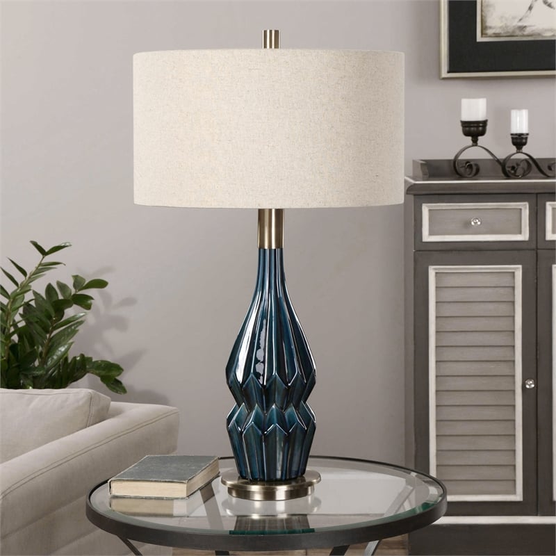 Uttermost Prussian Traditional Ceramic and Metal Lamp in Blue/Brass/Oatmeal