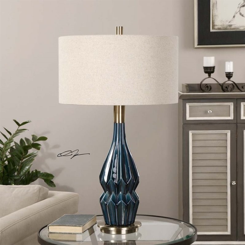 Uttermost Prussian Traditional Ceramic and Metal Lamp in Blue/Brass/Oatmeal