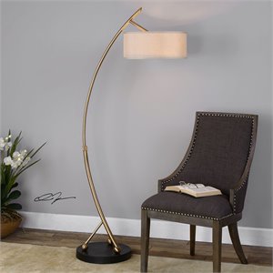 Uttermost Vardar Iron and Fabric Curved Floor Lamp in Brushed Brass/Beige