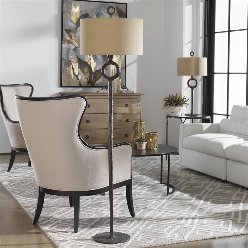 Uttermost Ferro Mid-Century Cast Iron Floor Lamp in Brown/Beige