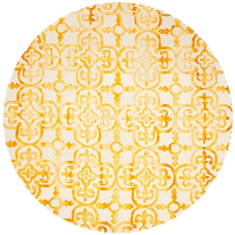 Safavieh Dip Dye 7' Round Hand Tufted Wool Rug in Ivory and Gold