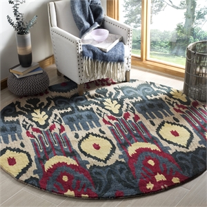Safavieh Ikat 6' Round Hand Tufted Wool Rug in Beige and Blue
