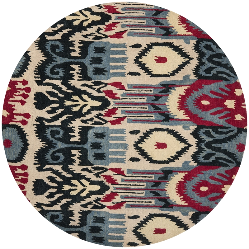 Safavieh Ikat 6' Round Hand Tufted Wool Rug in Beige and Blue
