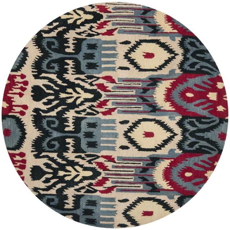 Safavieh Ikat 8' Round Hand Tufted Wool Pile Rug in Dark Blue