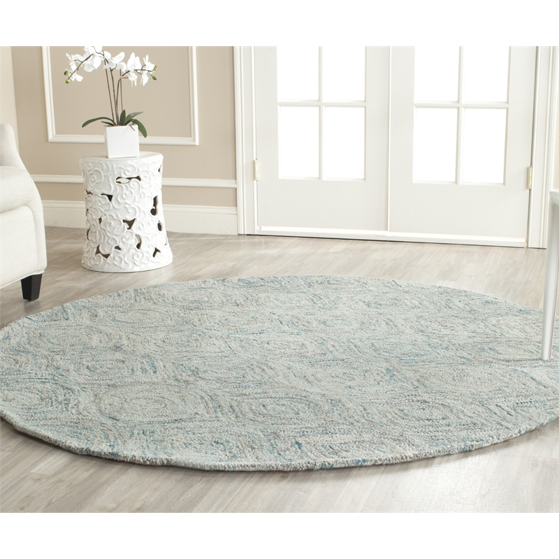 Safavieh Ikat 8' Round Hand Tufted Wool Rug in Ivory and Sea Blue