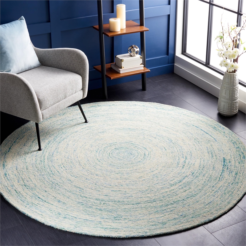 Safavieh Ikat 8' Round Hand Tufted Wool Rug in Ivory and Blue