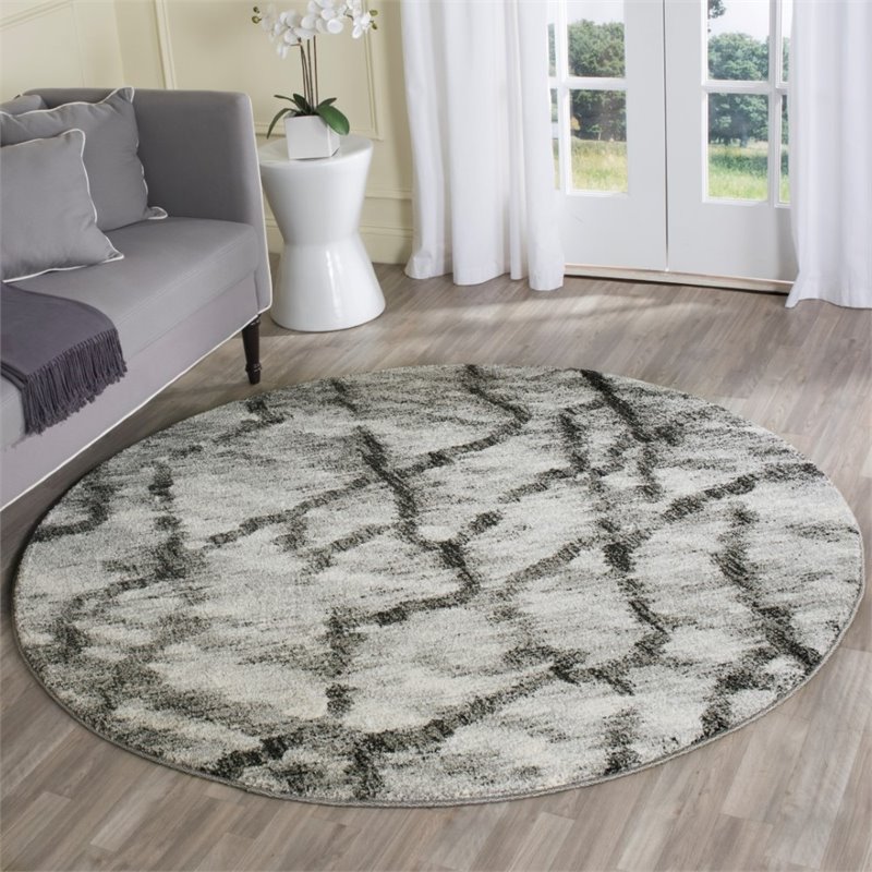Safavieh Retro 6' Round Power Loomed Rug in Light Gray and Black