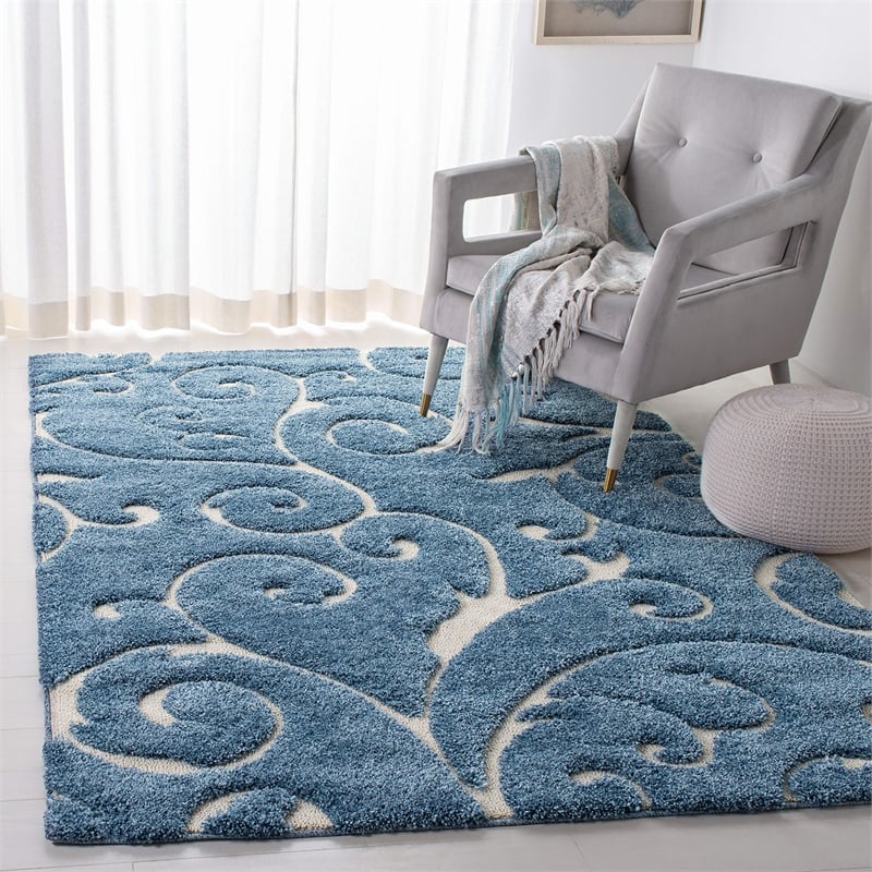 Safavieh Florida Shag 4' X 6' Power Loomed Rug in Dark Blue and Cream