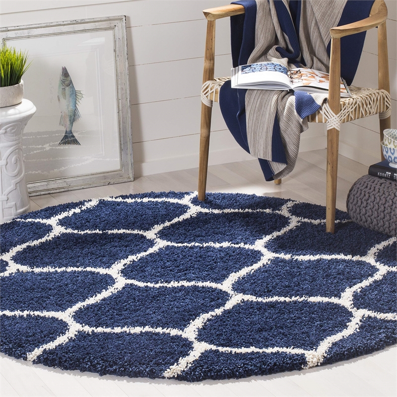 Safavieh Hudson Shag 7' Round Power Loomed Rug in Navy and Ivory