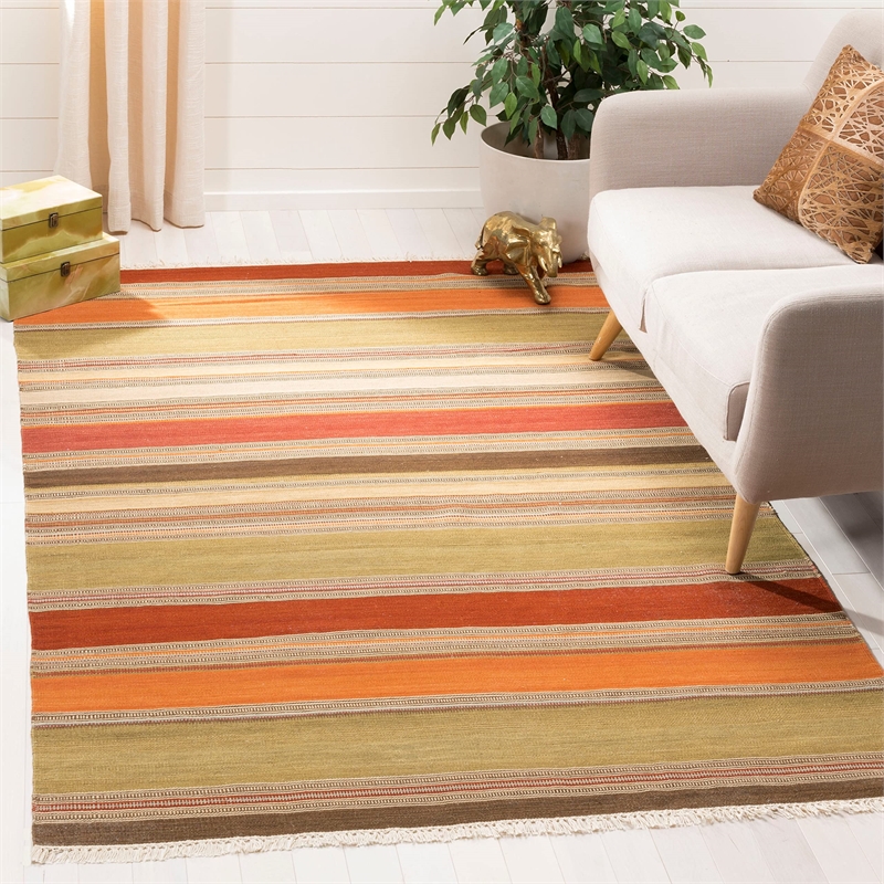 Safavieh Striped Kilim 9' X 12' Hand Woven Wool Pile Rug in Green
