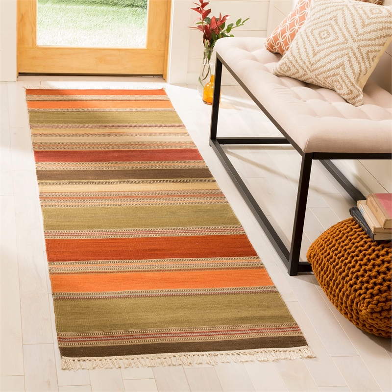 Safavieh Striped Kilim 9' X 12' Hand Woven Wool Pile Rug in Green