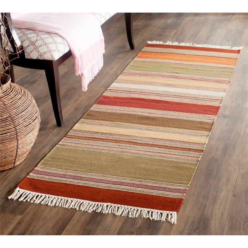 Safavieh Striped Kilim 9' X 12' Hand Woven Wool Pile Rug in Green
