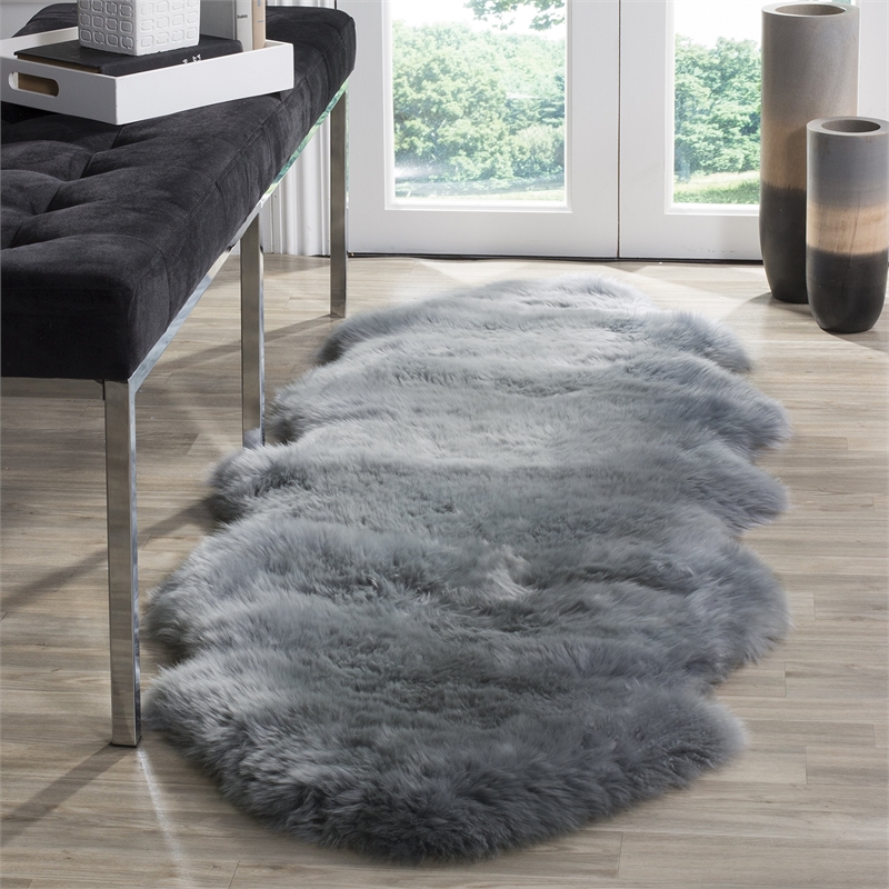 Safavieh Sheepskin Shag 2' X 6' Natural Sheep Skin Rug in Steel Blue