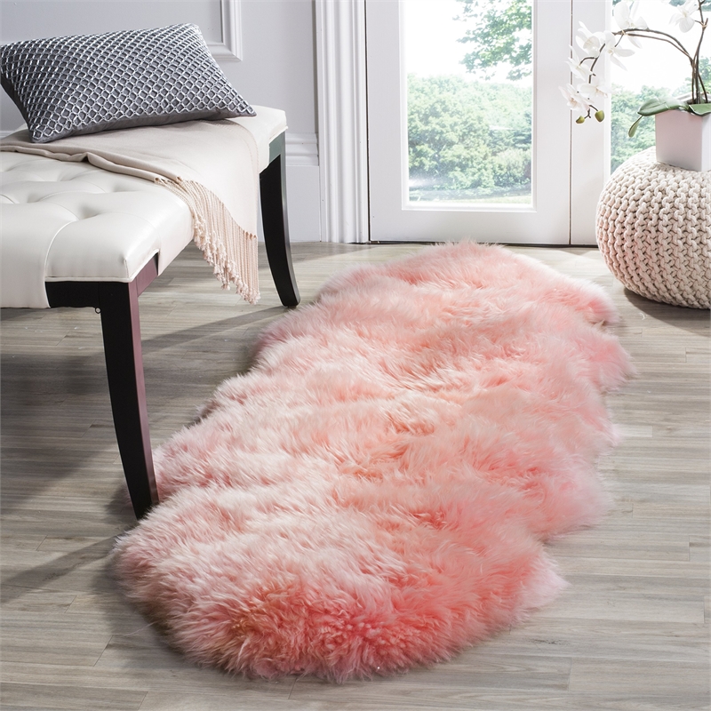 Safavieh Sheepskin Shag 2' X 6' Natural Sheep Skin Rug in Solid Pink