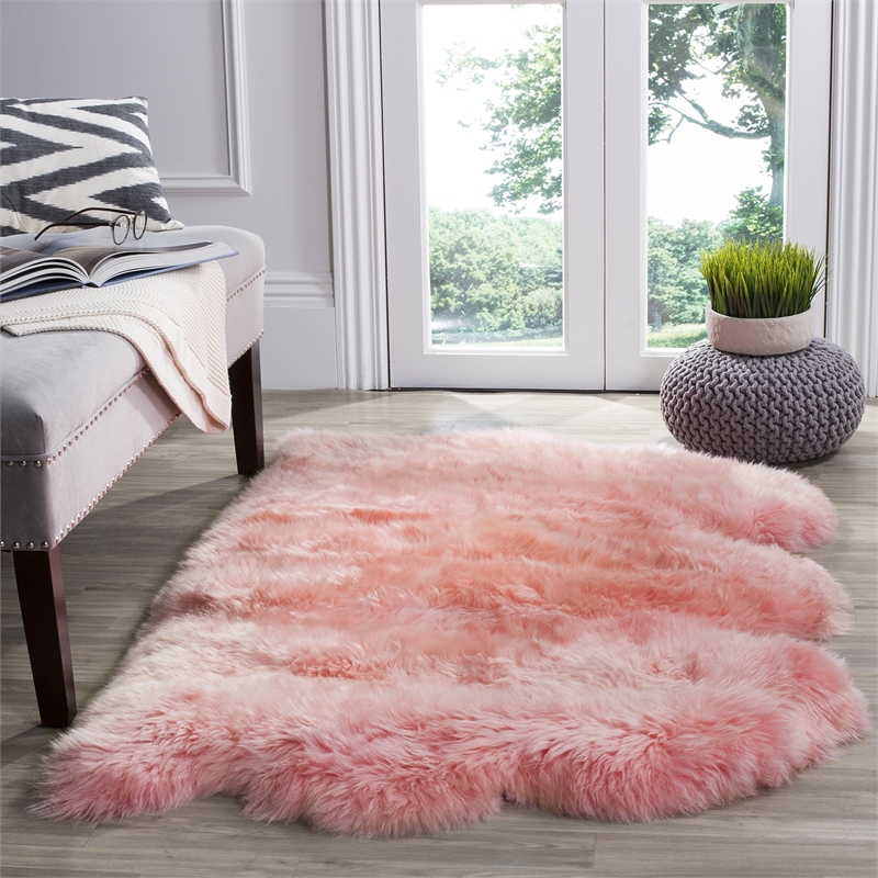Safavieh Sheepskin Shag 3' X 5' Natural Sheep Skin Rug in Solid Pink