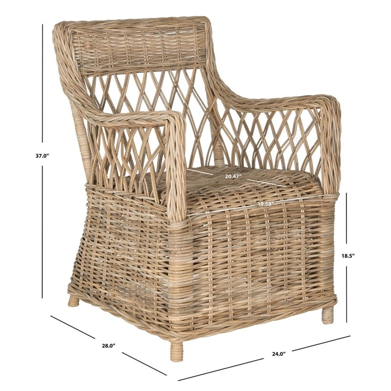 Safavieh Hinaku Rattan Arm Chair with Lattice Weave Back in Natural/Gray
