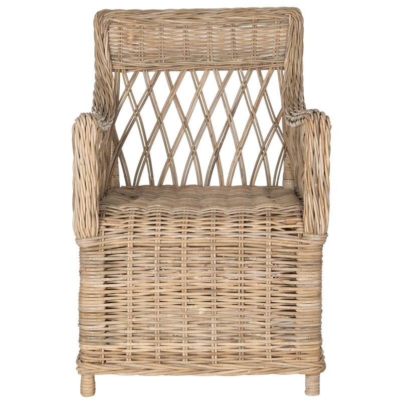 Safavieh Hinaku Rattan Arm Chair with Lattice Weave Back in Natural/Gray