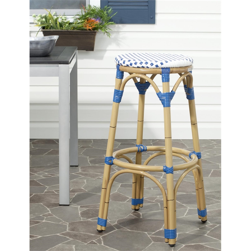 Safavieh Kipnuk Outdoor-Indoor PE Rattan Stool in Blue and White
