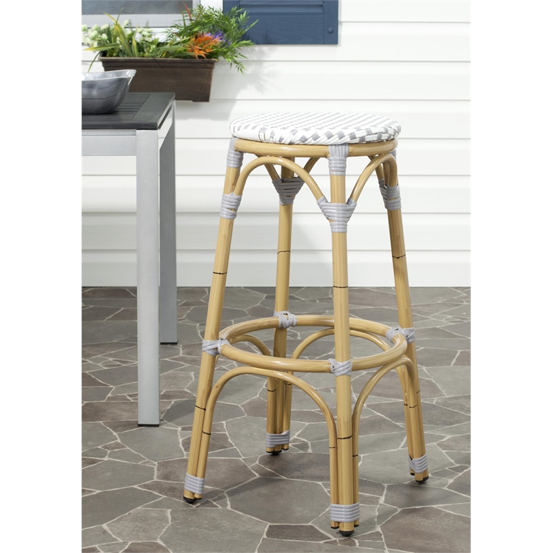 Safavieh Kipnuk Outdoor-Indoor PE Rattan Stool in Gray and White