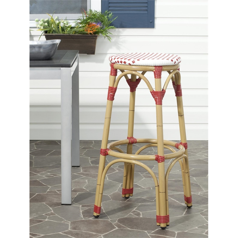 Safavieh Kipnuk Outdoor-Indoor PE Rattan Stool in Red and White