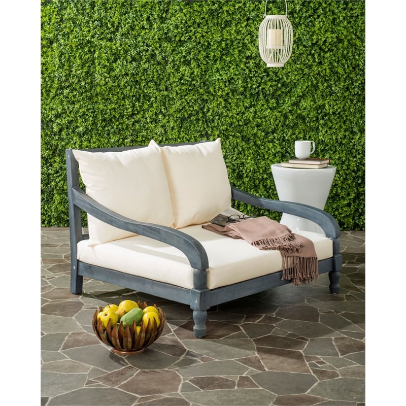 Safavieh Pomona Outdoor Acacia Wood Lounger in Ash Gray and Beige