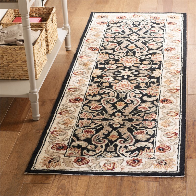 Ivory Black Safavieh Easy Care Collection EZC753A Hand-Hooked Runner 2'6 x 8' 