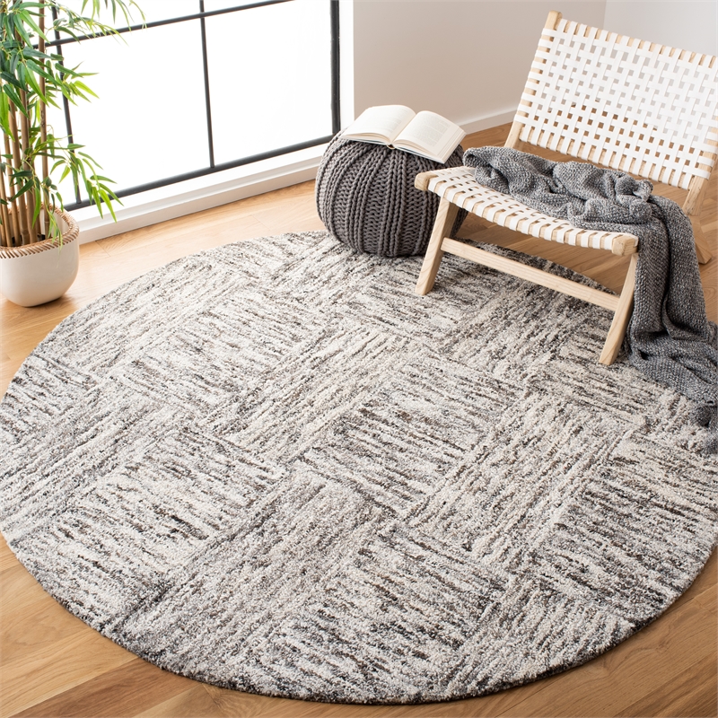 Safavieh Abstract 6' Wool Round Hand Tufted Rug in Ivory and Charcoal