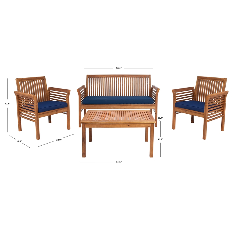 Safavieh Carson 4 Piece Patio Sofa Set in Teak Brown and Navy