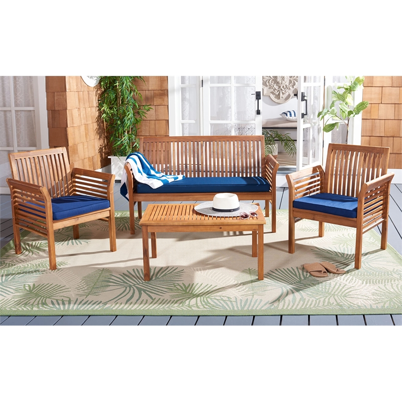 Safavieh Carson 4 Piece Patio Sofa Set in Teak Brown and Navy