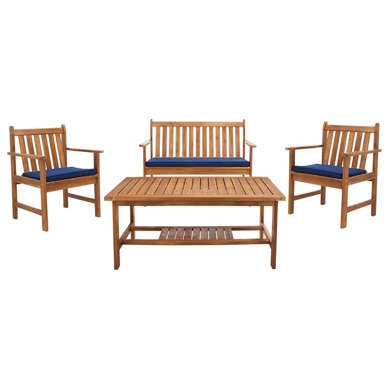 Safavieh Burbank 4 Piece Patio Sofa Set in Teak Brown and Navy