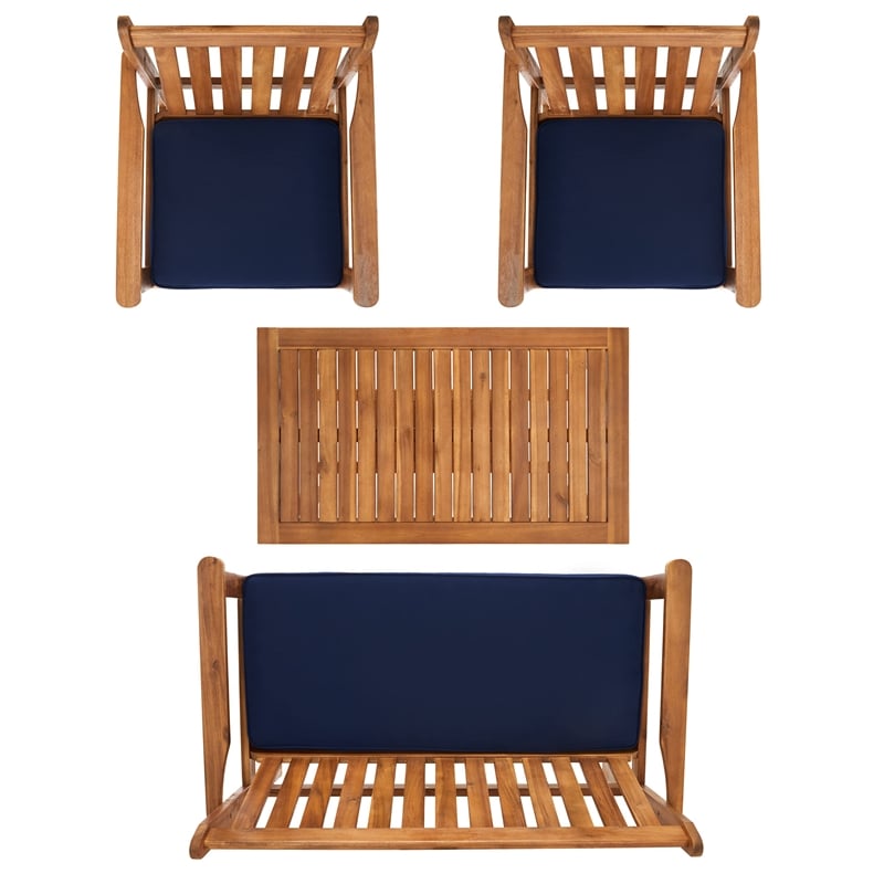 Safavieh Burbank 4 Piece Patio Sofa Set in Teak Brown and Navy