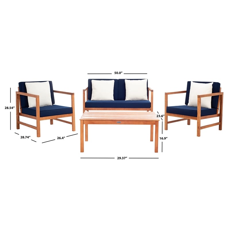 Safavieh Montez 4 Piece Patio Sofa Set in Teak Brown and Navy
