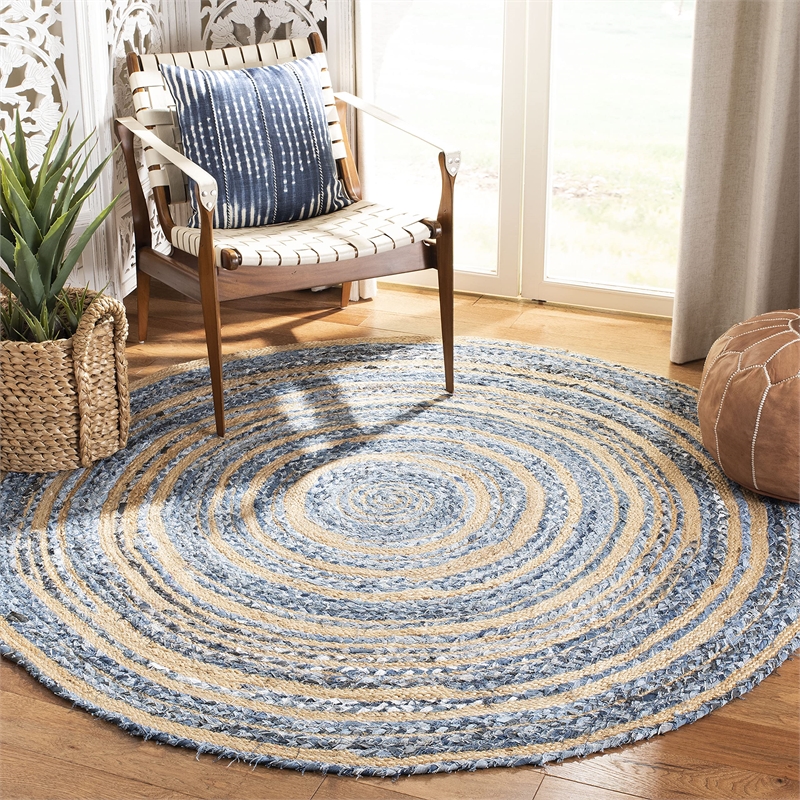 Safavieh Cape Cod 3' Round Hand Woven Jute Rug in Blue and Natural