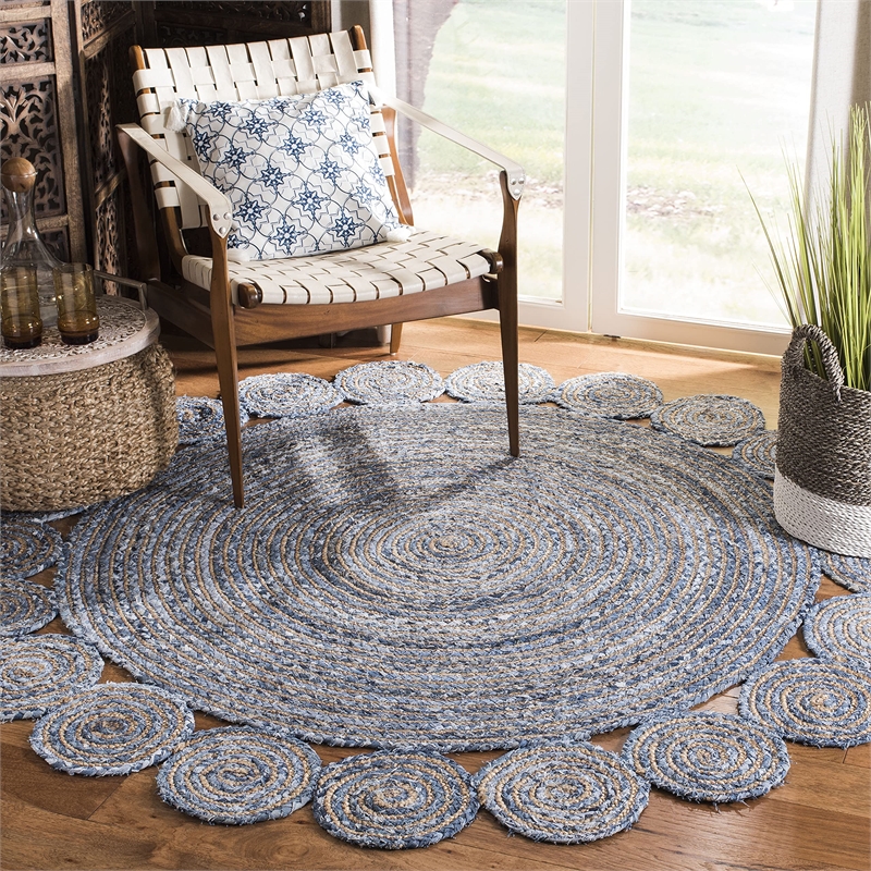 Safavieh Cape Cod 3' Round Hand Woven Jute Rug in Blue and Natural