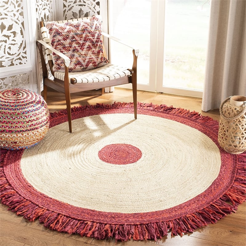 Safavieh Cape Cod 3' Round Hand Woven Jute Rug in Red and Natural