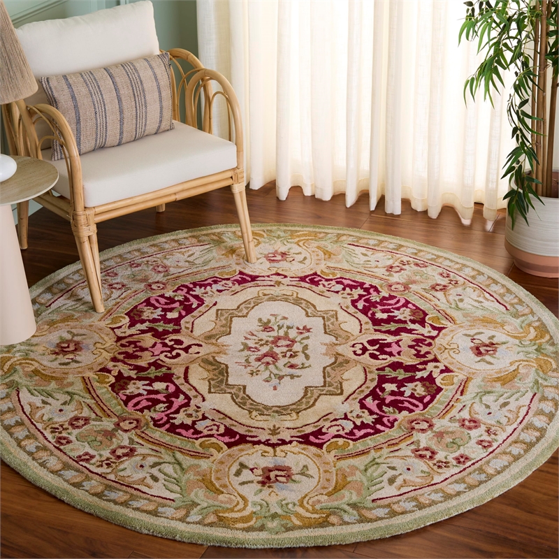 Safavieh Savonnerie 6' Round Hand Tufted Wool Rug in Red and Ivory