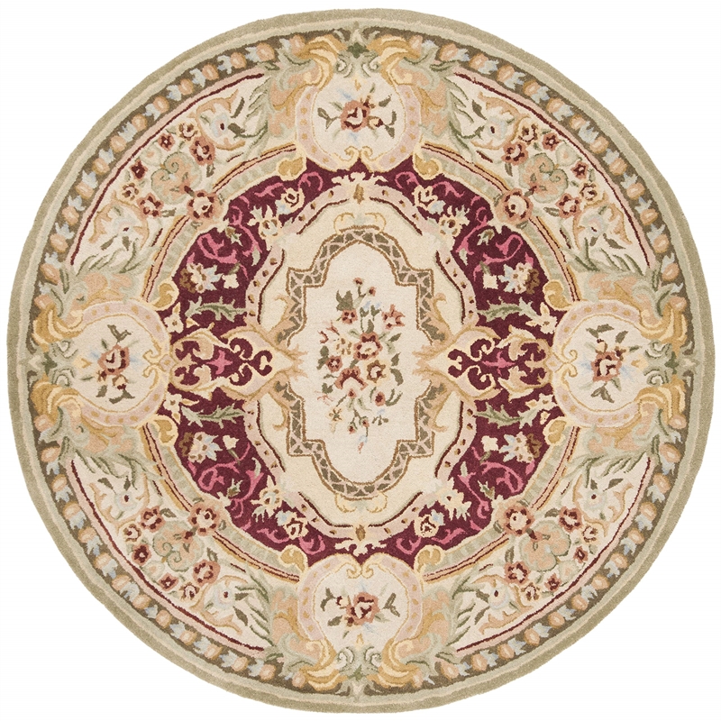 Safavieh Savonnerie 6' Round Hand Tufted Wool Rug in Red and Ivory