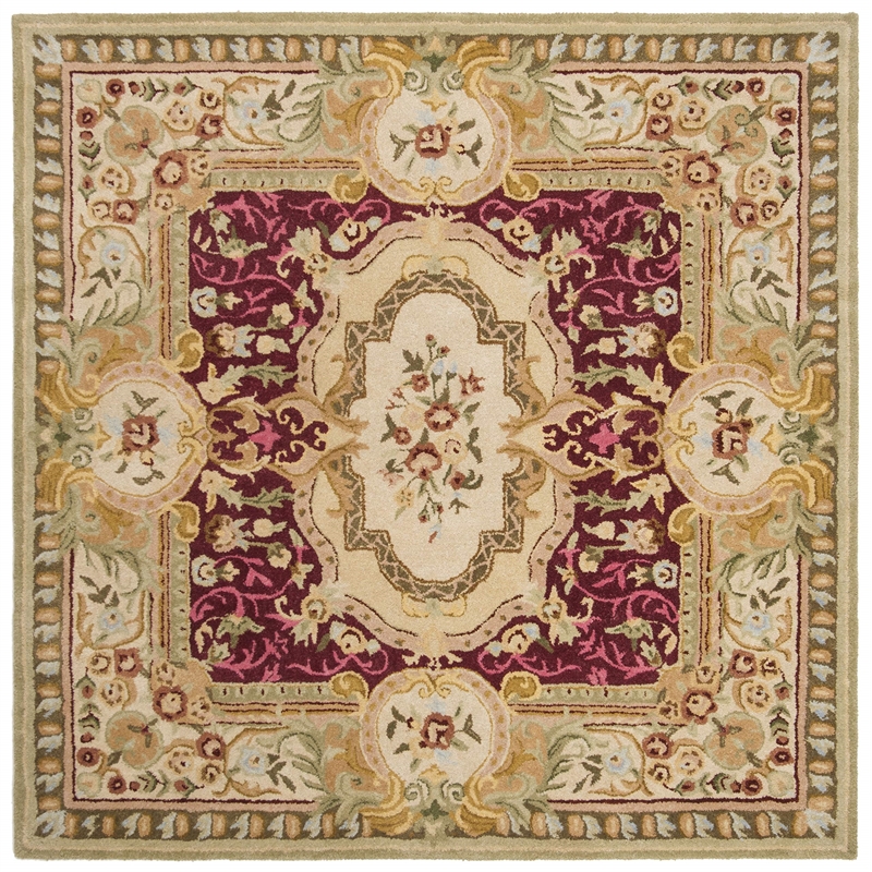 Safavieh Savonnerie 6' Square Hand Tufted Wool Rug in Red and Ivory