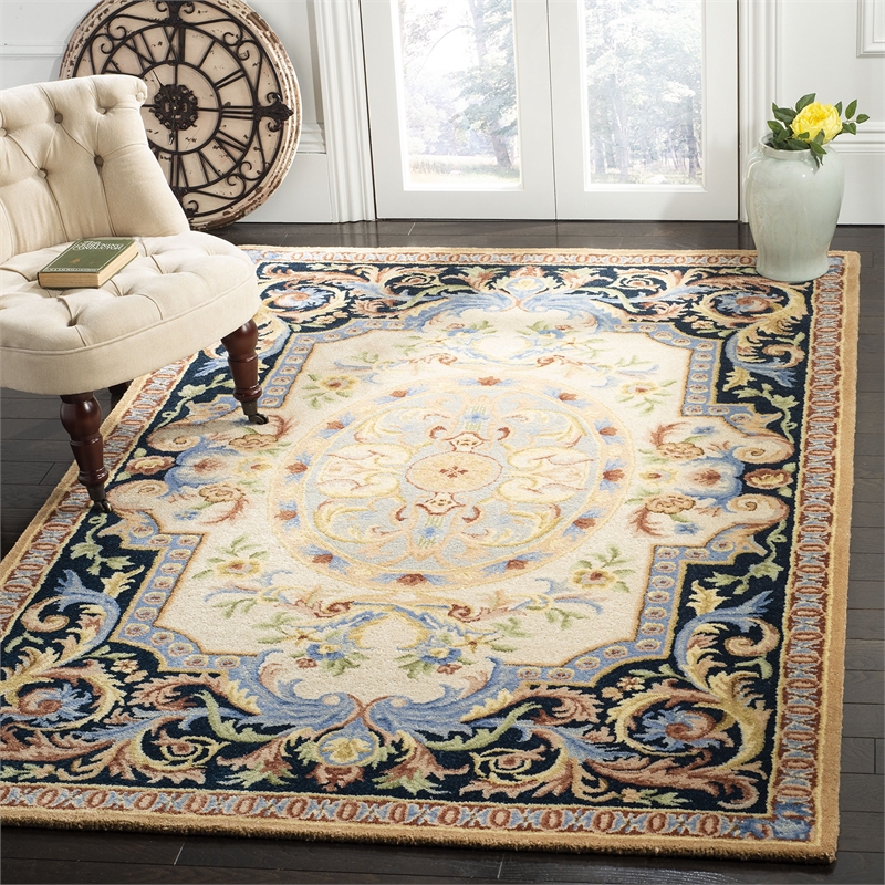 Safavieh Savonnerie 6' Square Hand Tufted Wool Rug in Ivory and Black