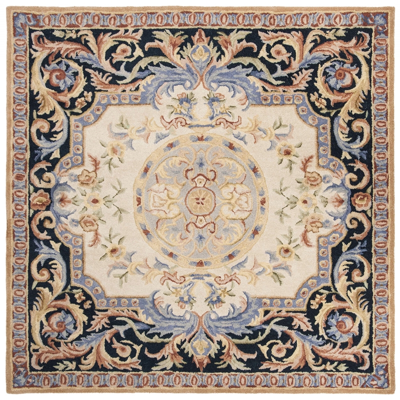 Safavieh Savonnerie 6' Square Hand Tufted Wool Rug in Ivory and Black