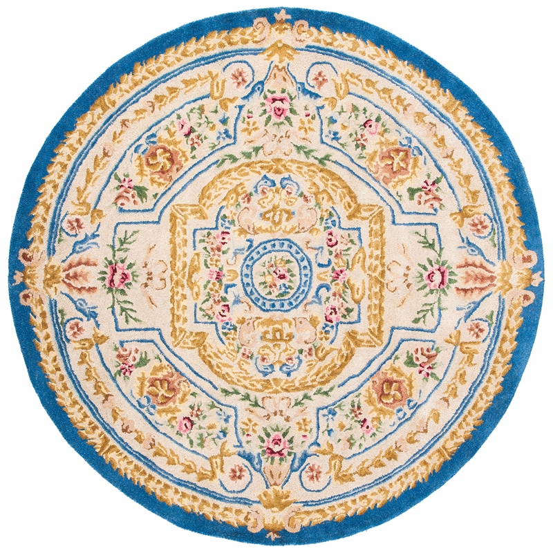 Safavieh Savonnerie 6' Round Hand Tufted Wool Rug in Blue and Ivory