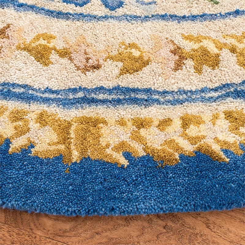 Safavieh Savonnerie 6' Round Hand Tufted Wool Rug in Blue and Ivory