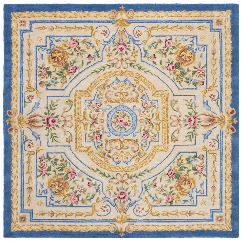 Safavieh Savonnerie 6' Square Hand Tufted Wool Rug in Blue and Ivory