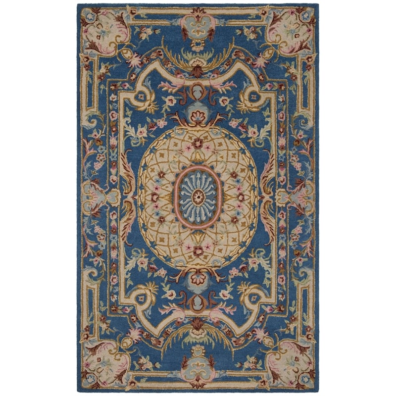 Safavieh Savonnerie 4' x 6' Hand Tufted Wool Rug in Blue and Ivory
