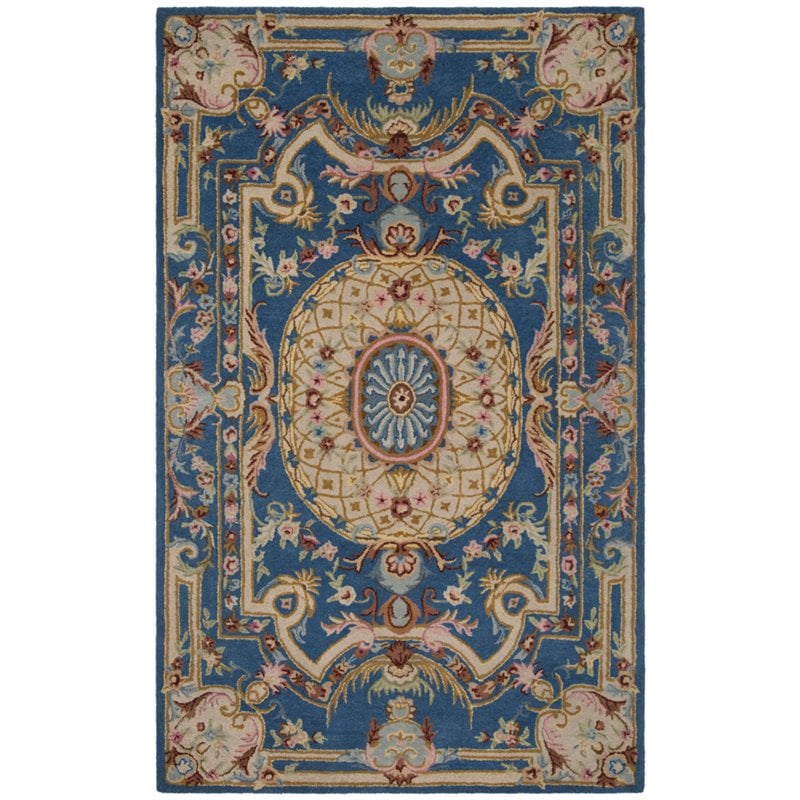 Safavieh Savonnerie 5' x 8' Hand Tufted Wool Rug in Blue and Ivory
