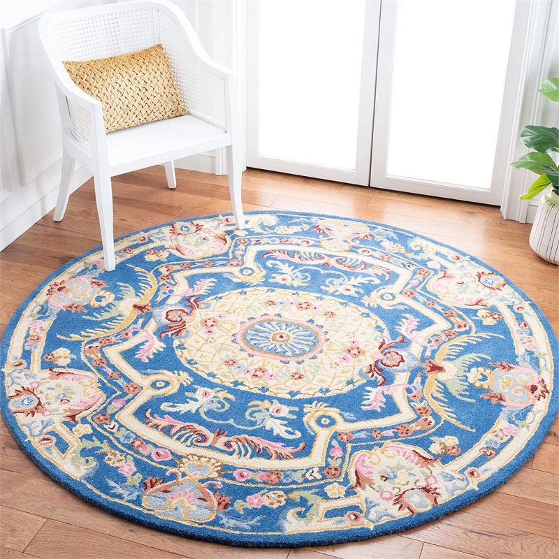 Safavieh Savonnerie 6' Round Hand Tufted Wool Rug in Blue and Ivory