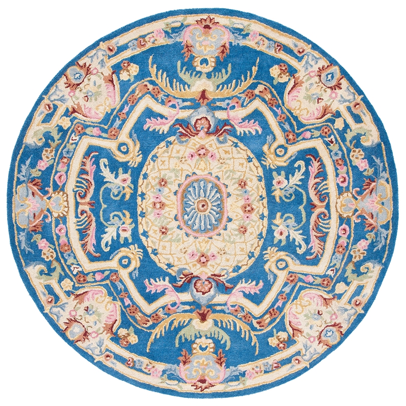 Safavieh Savonnerie 6' Round Hand Tufted Wool Rug in Blue and Ivory